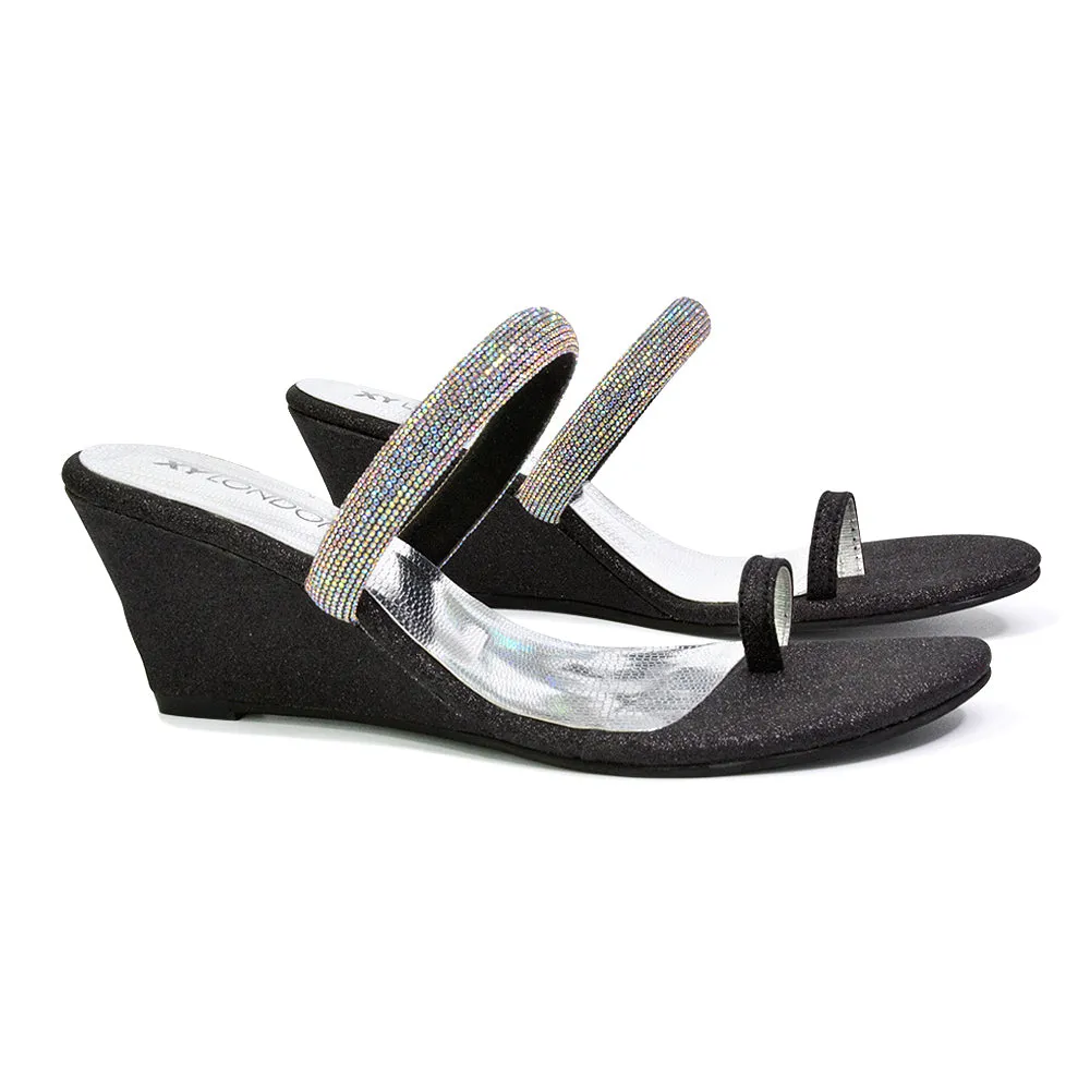 Lucille Slip On Strappy Sparkly Diamante Wedge Sandal Heels in Black