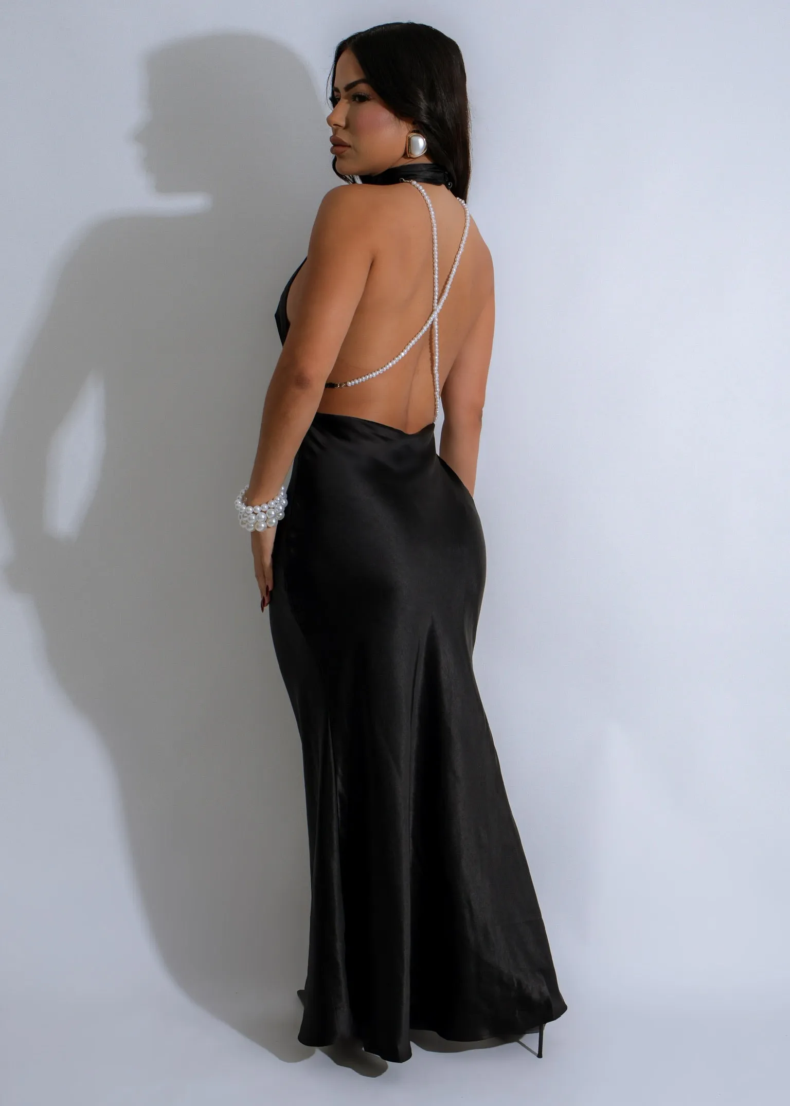 Luminous Drift Pearl Satin Maxi Dress Black