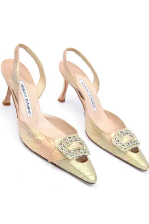 Manolo Blahnik Gold Slingback Heels w/ Large Crystal Buckle 36.5