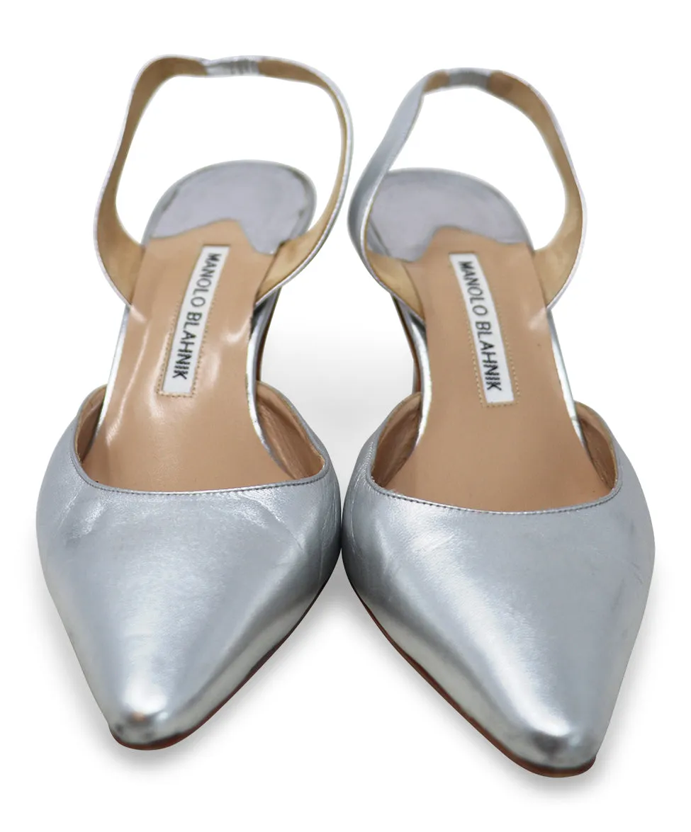 Manolo Blahnik Silver Leather Slingbacks sz 8.5