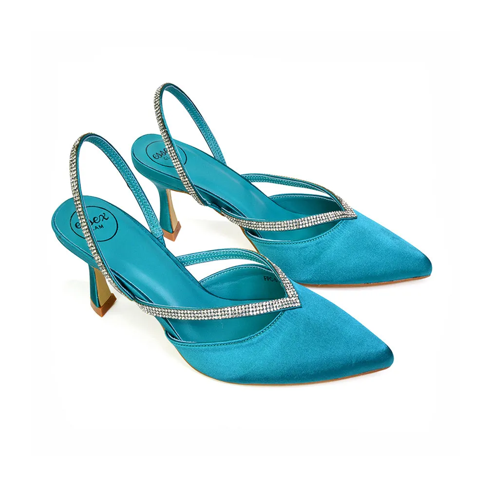 Marissa Pointed Toe Diamante Sling Back Strappy Stiletto Bridal Heels in Turquoise