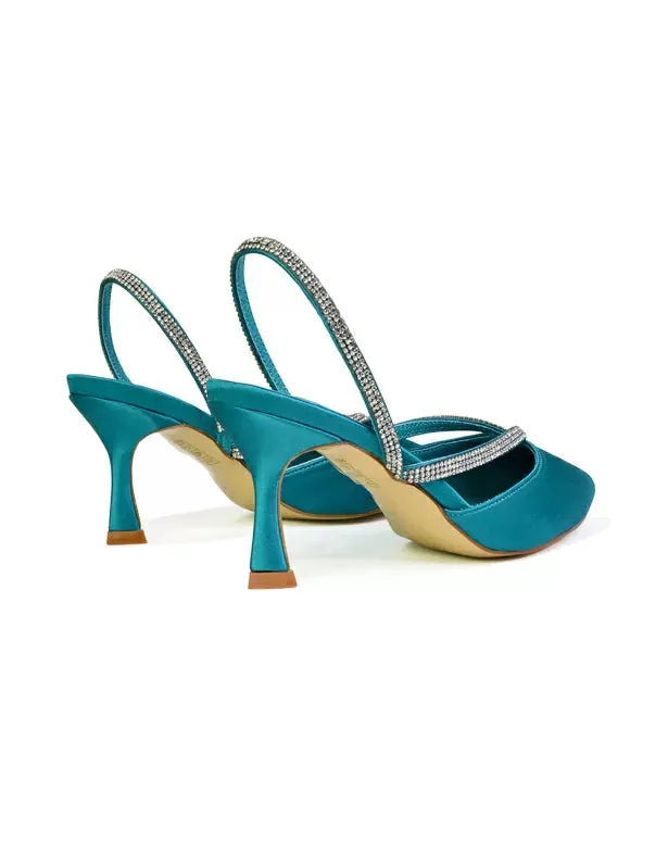 Marissa Pointed Toe Diamante Sling Back Strappy Stiletto Bridal Heels in Turquoise