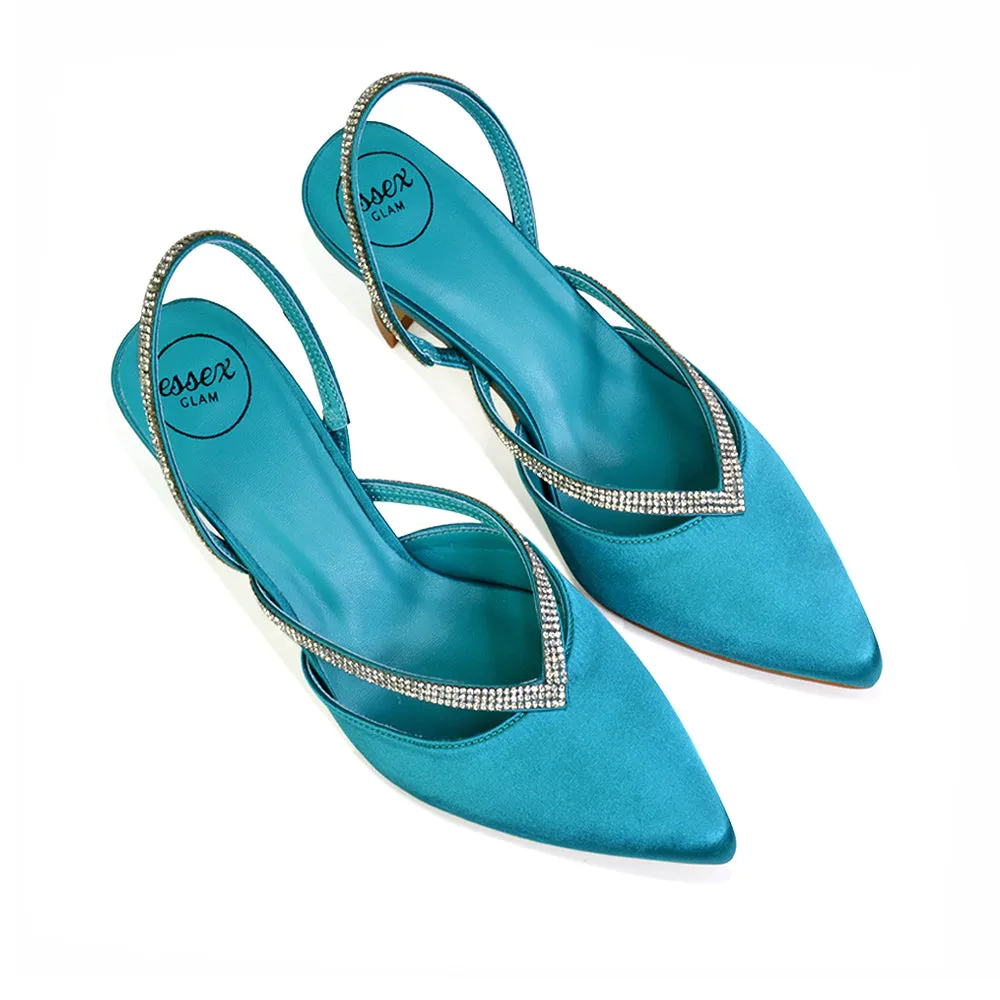 Marissa Pointed Toe Diamante Sling Back Strappy Stiletto Bridal Heels in Turquoise