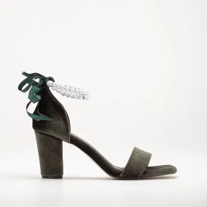 Melissa - Olive Green Velvet Sandals with Pearls