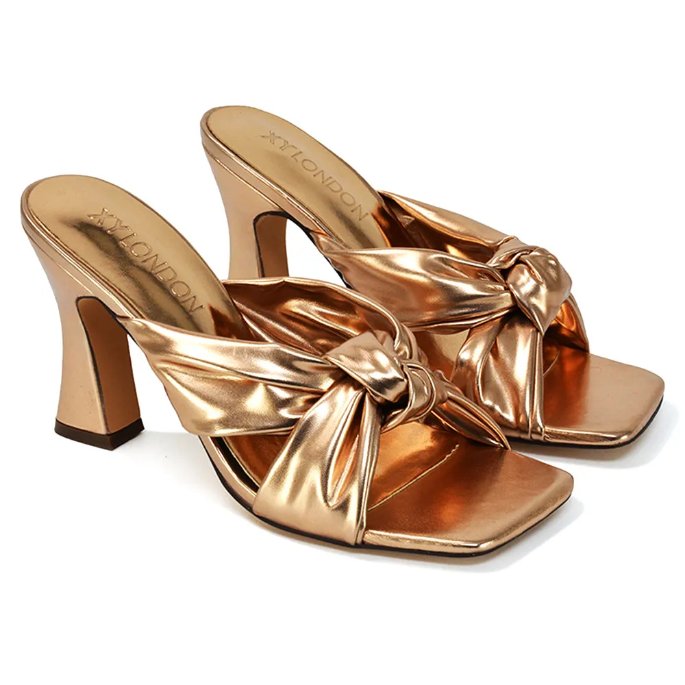 Misty Knot Detail Strappy Square Toe Block High Heel Mules in Nude Synthetic Leather