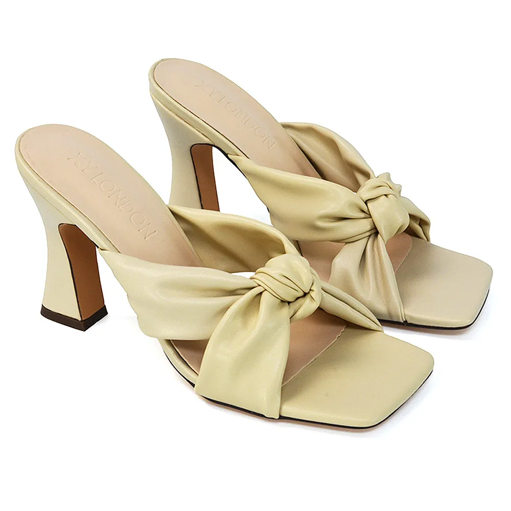 Misty Knot Detail Strappy Square Toe Block High Heel Mules in Nude Synthetic Leather