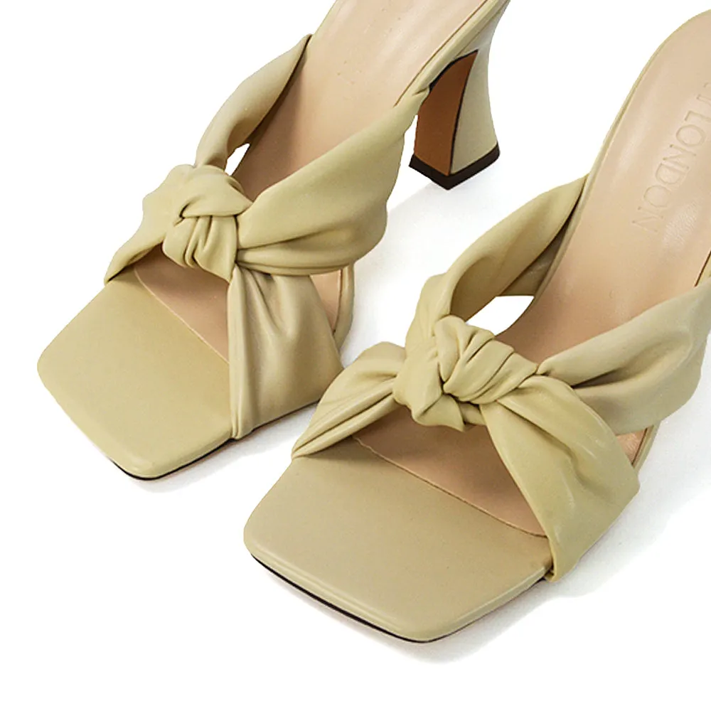 Misty Knot Detail Strappy Square Toe Block High Heel Mules in Nude Synthetic Leather