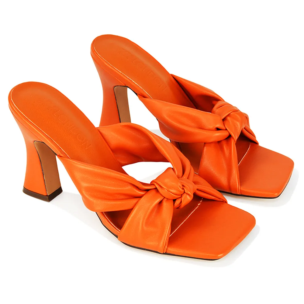 Misty Knot Detail Strappy Square Toe Block High Heel Mules in Orange Synthetic Leather