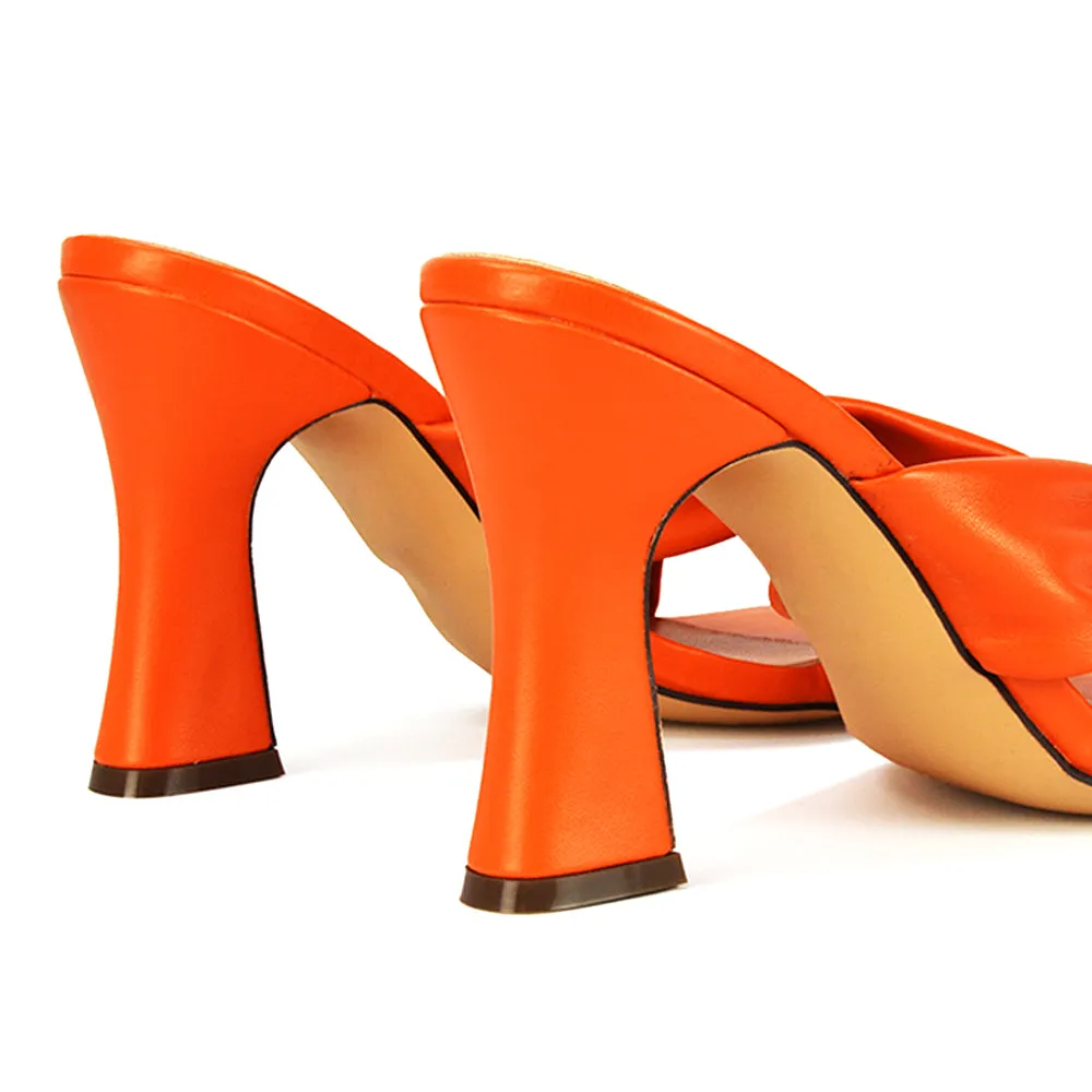 Misty Knot Detail Strappy Square Toe Block High Heel Mules in Orange Synthetic Leather