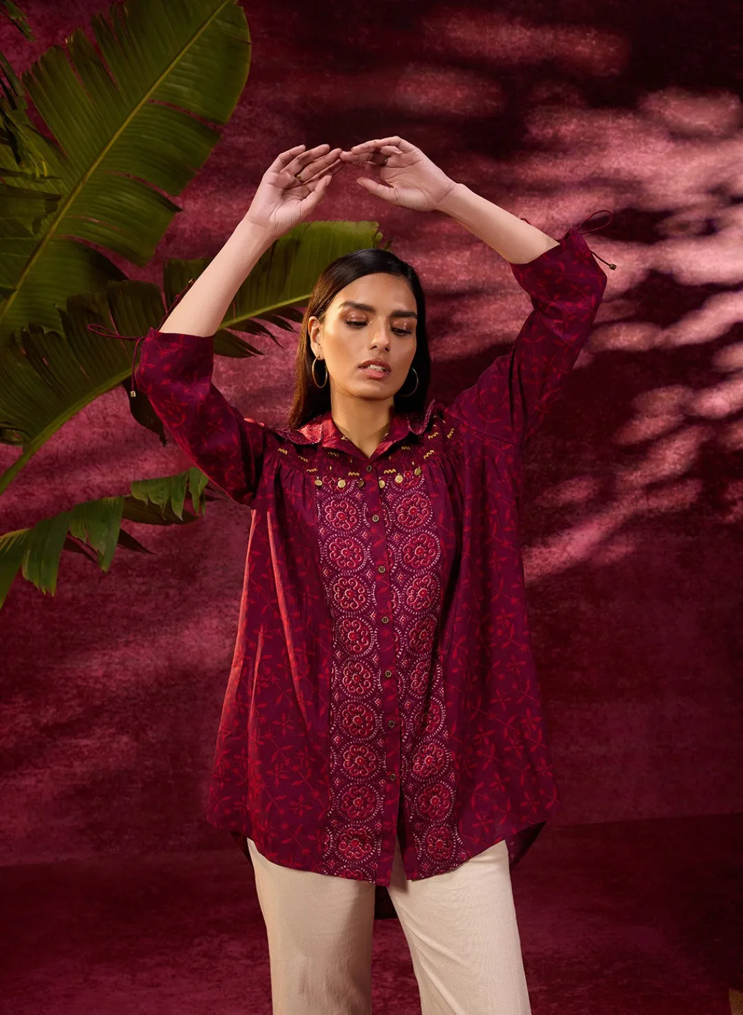 Naaz Burgundy Printed Chanderi Long Shirt For Women