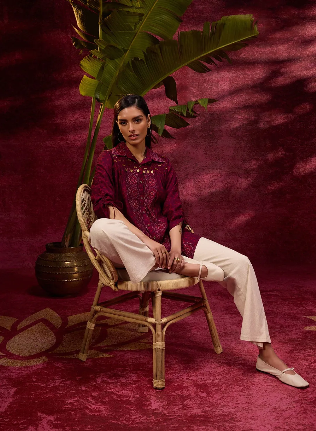 Naaz Burgundy Printed Chanderi Long Shirt For Women