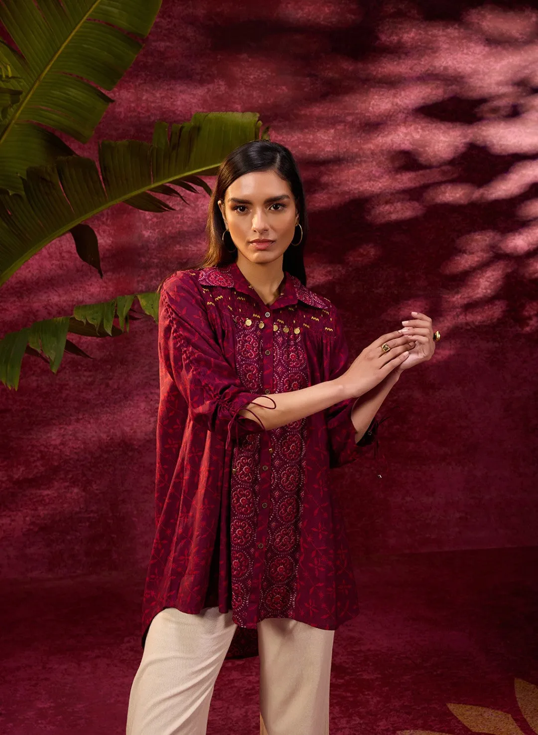 Naaz Burgundy Printed Chanderi Long Shirt For Women