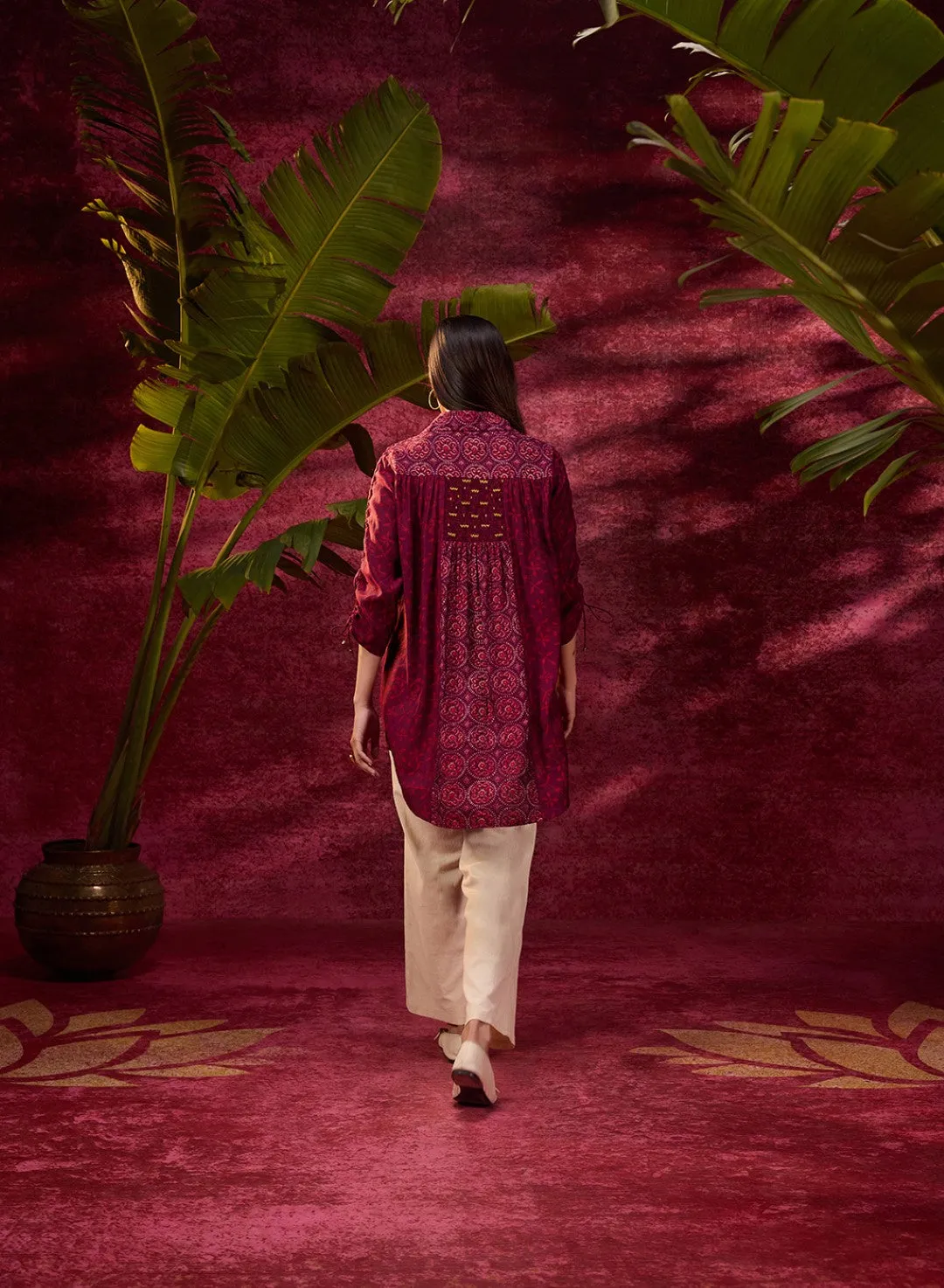 Naaz Burgundy Printed Chanderi Long Shirt For Women