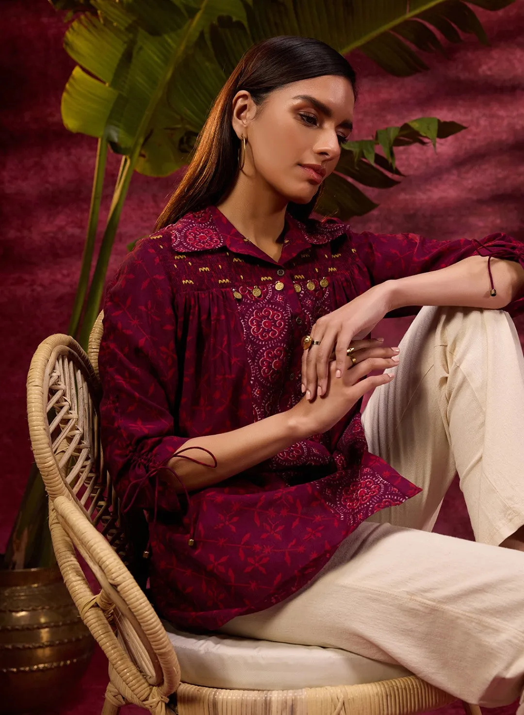 Naaz Burgundy Printed Chanderi Long Shirt For Women