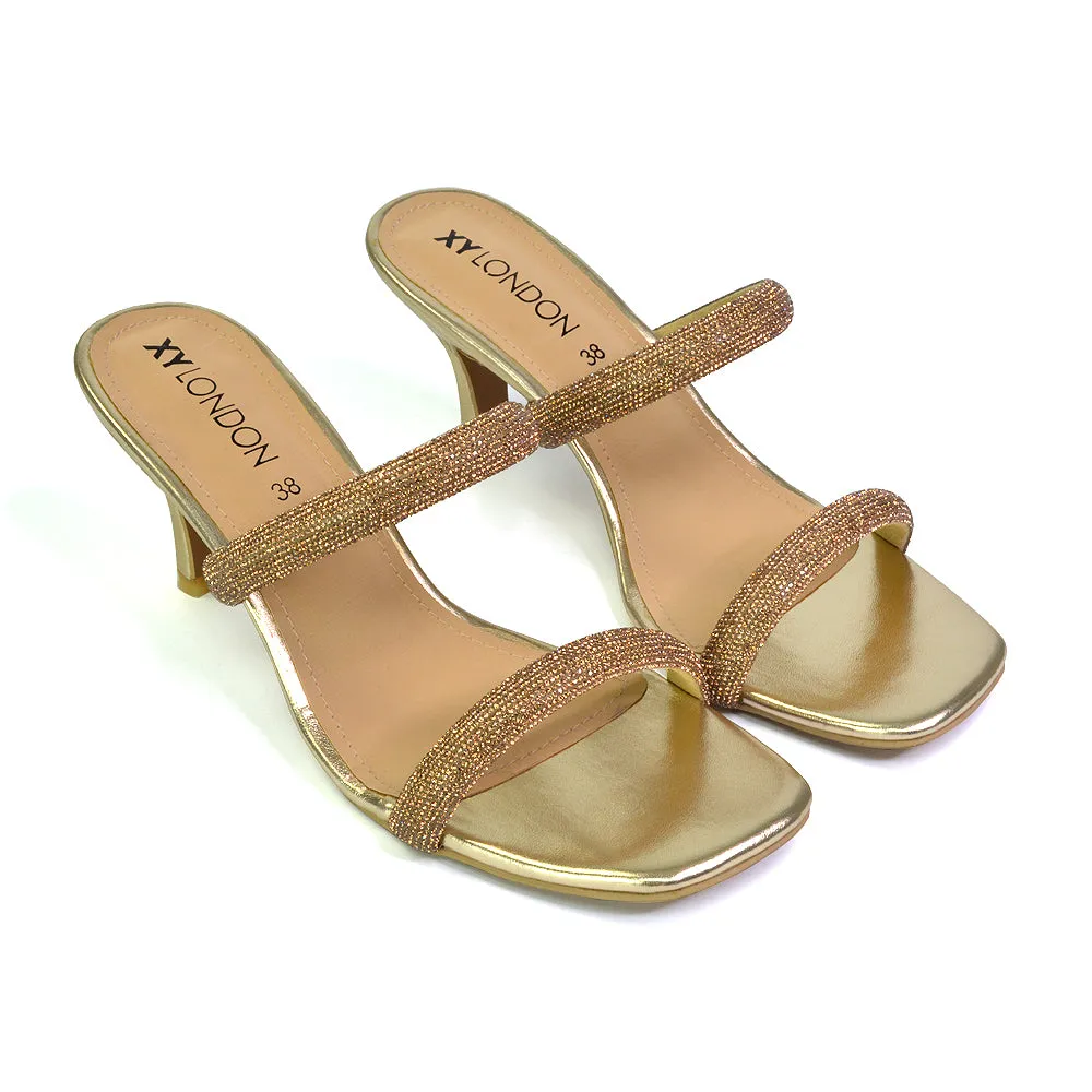 Nancy Square Toe Diamante Strappy Slip On Low Kitten Heel Mules in Gold