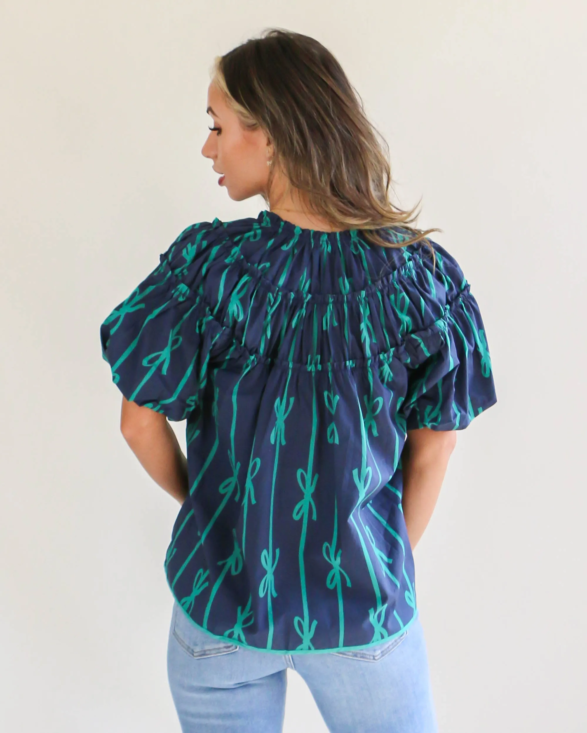 Navy Ribbon Print Shirring Neckline Top