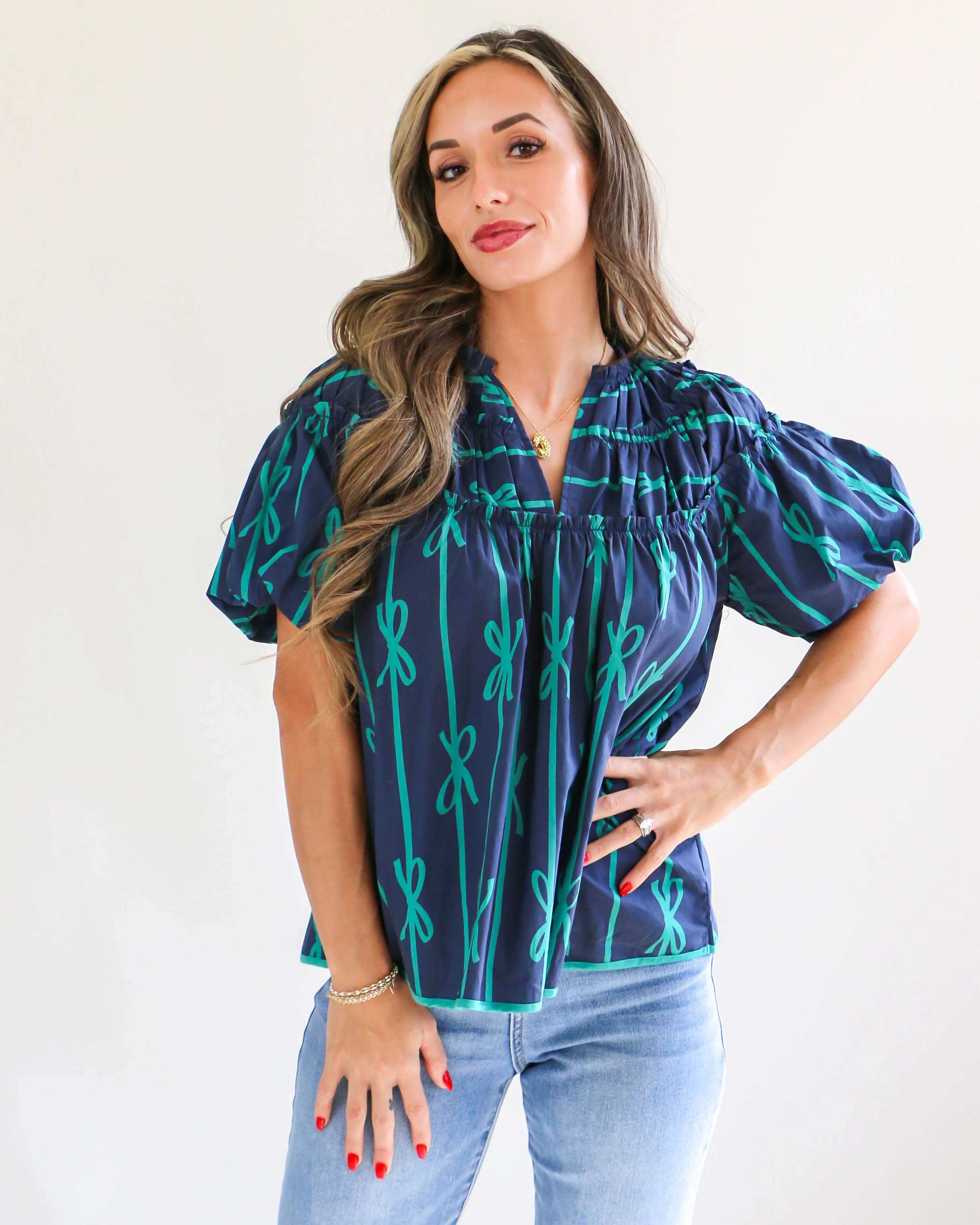 Navy Ribbon Print Shirring Neckline Top