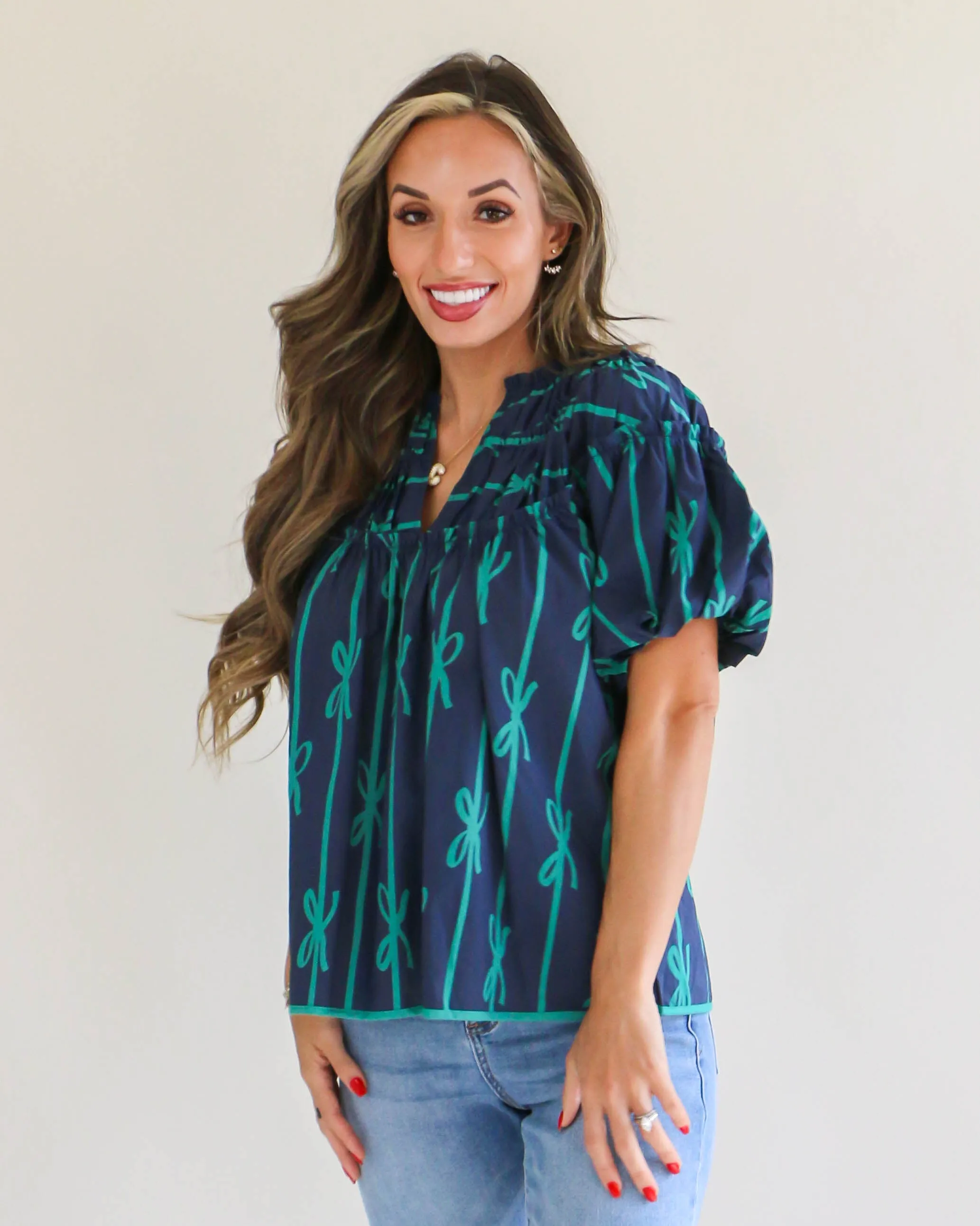 Navy Ribbon Print Shirring Neckline Top