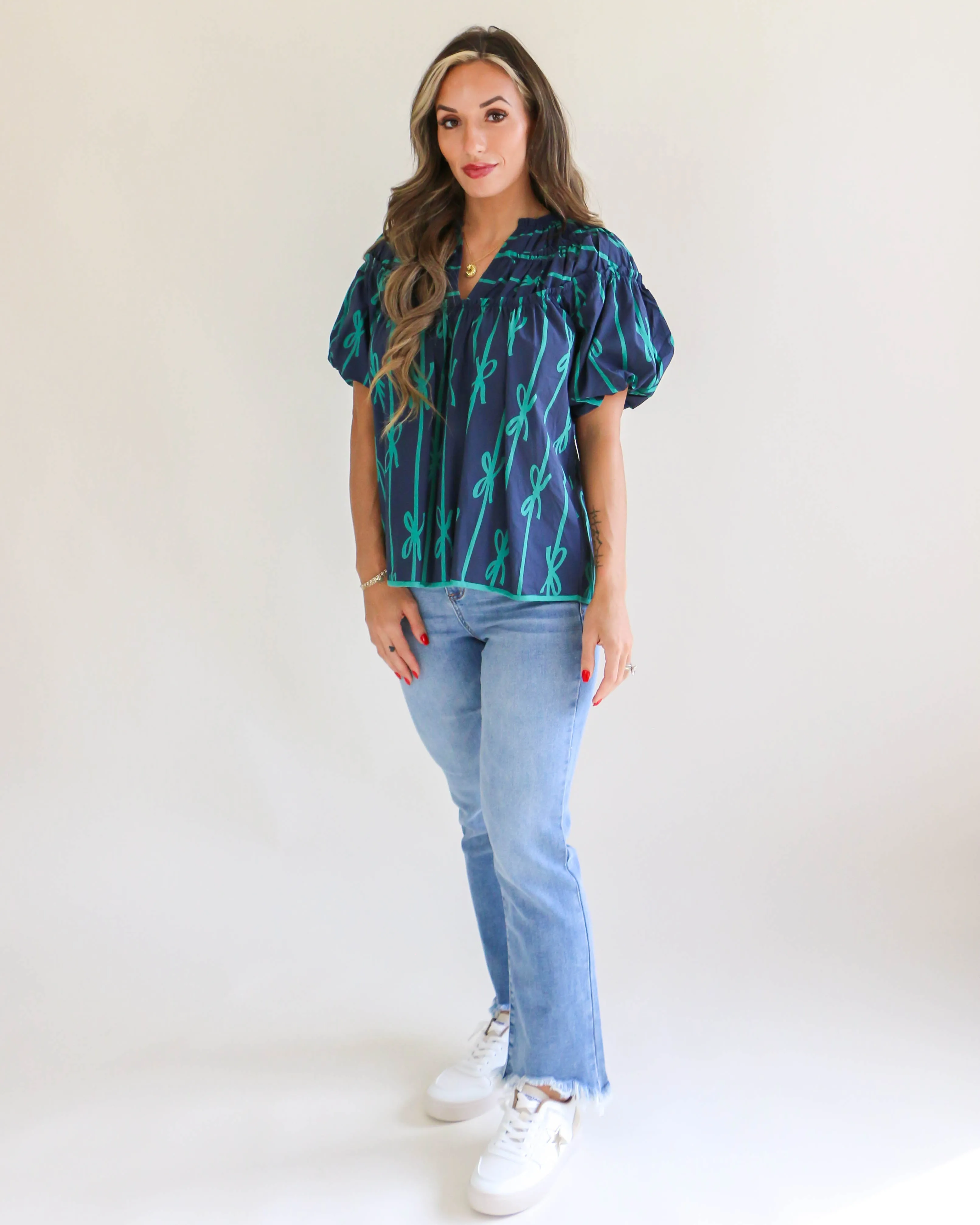 Navy Ribbon Print Shirring Neckline Top