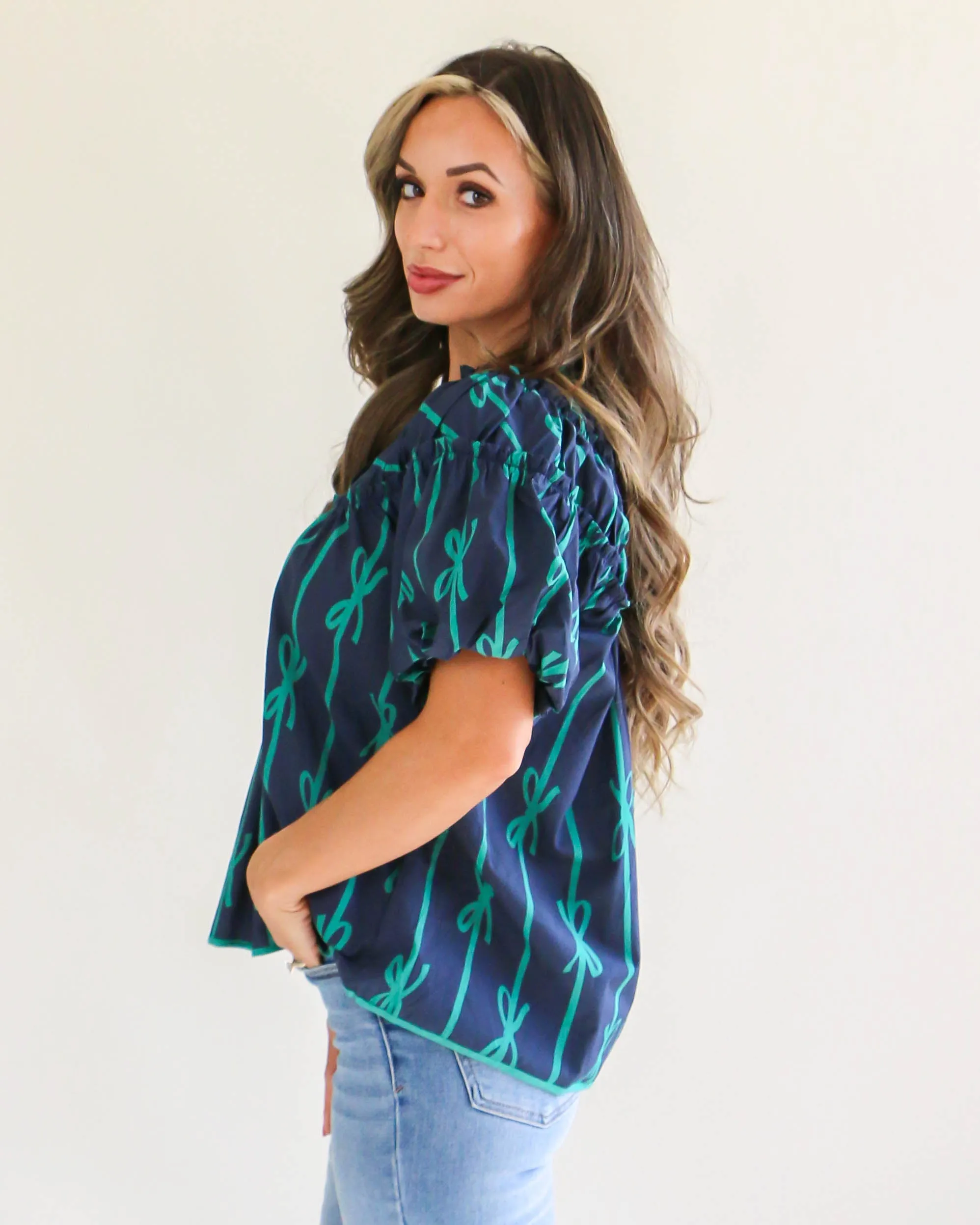 Navy Ribbon Print Shirring Neckline Top