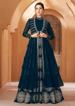 Party Wear Admirable Prussian Blue Jacket Style Anarkali Dress