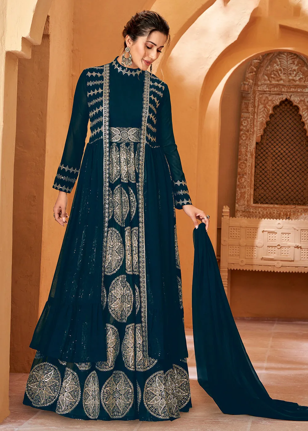 Party Wear Admirable Prussian Blue Jacket Style Anarkali Dress