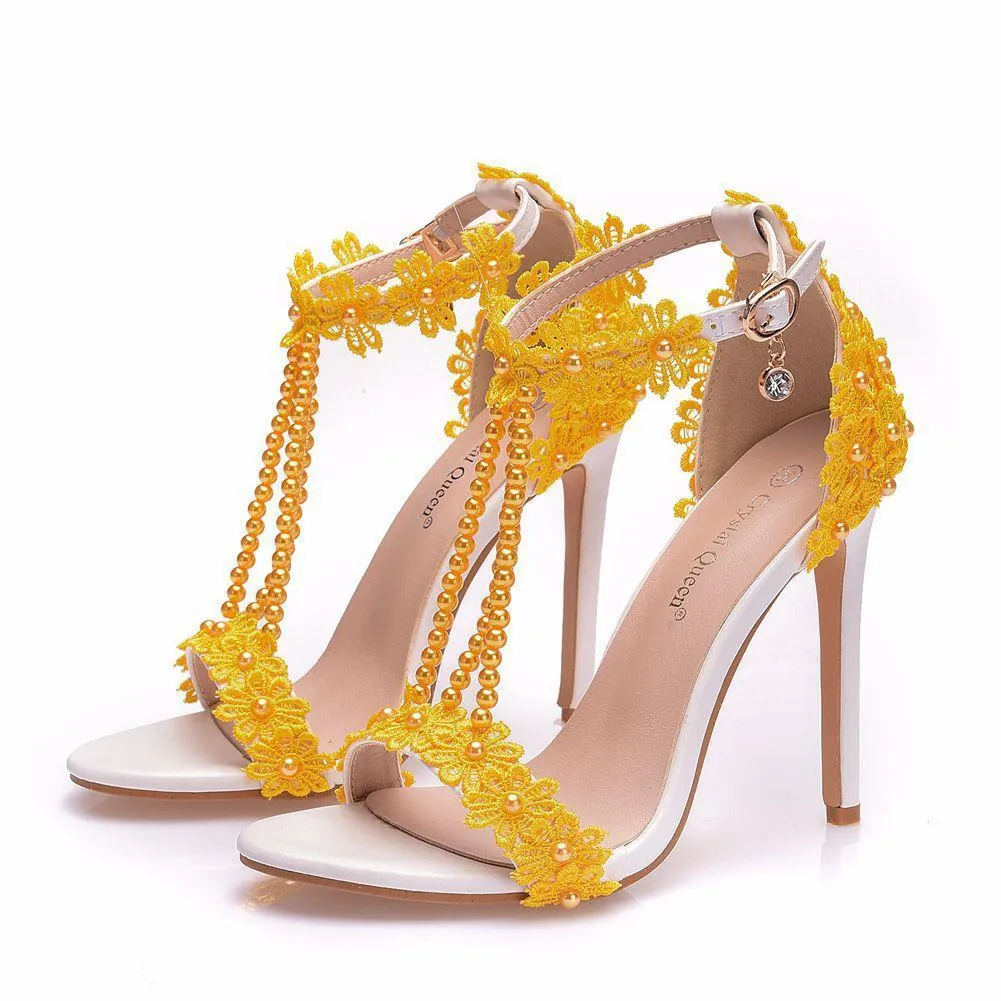 Peep toe one band ankle strap stiletto wedding heels with pearls strap