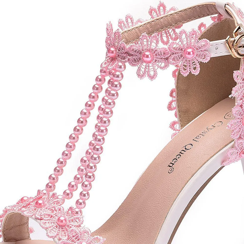 Peep toe one band ankle strap stiletto wedding heels with pearls strap