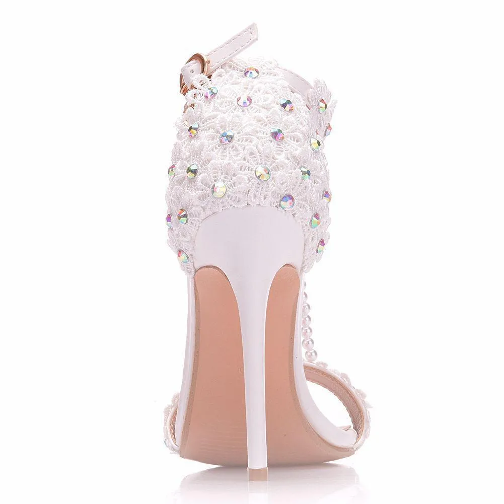 Peep toe one band ankle strap stiletto wedding heels with pearls strap