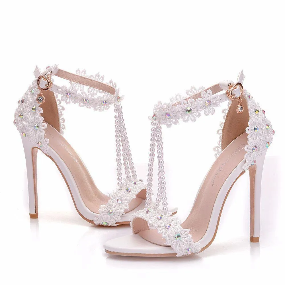 Peep toe one band ankle strap stiletto wedding heels with pearls strap