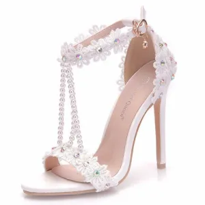 Peep toe one band ankle strap stiletto wedding heels with pearls strap