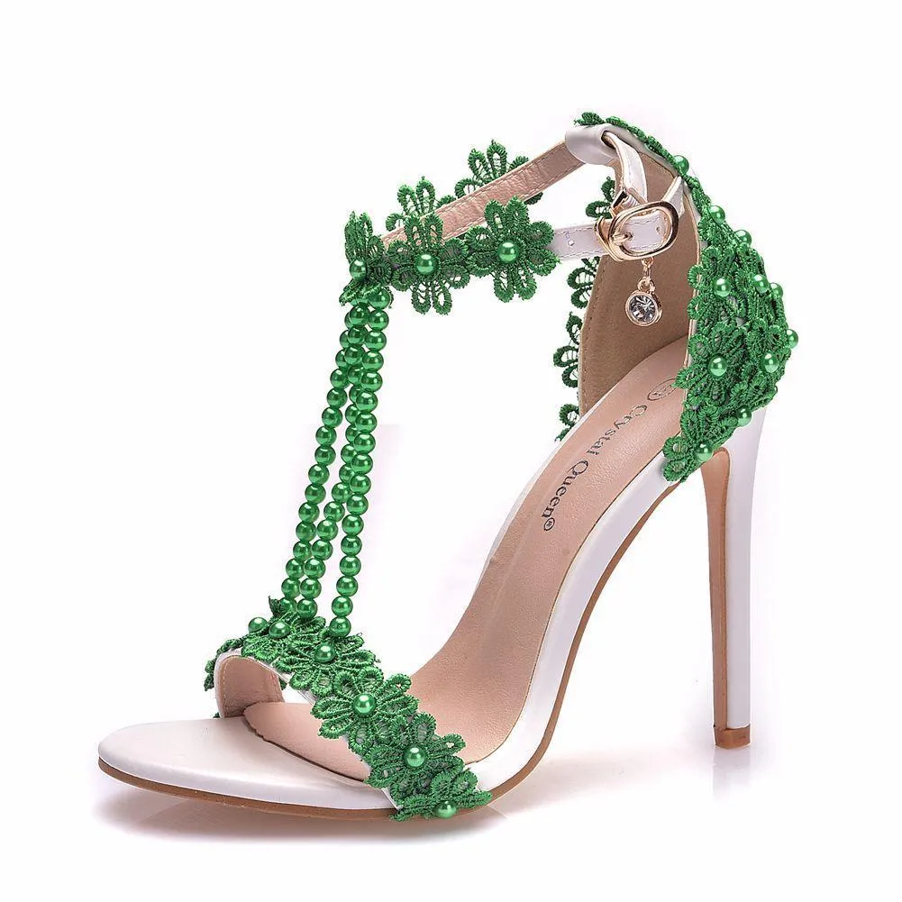 Peep toe one band ankle strap stiletto wedding heels with pearls strap