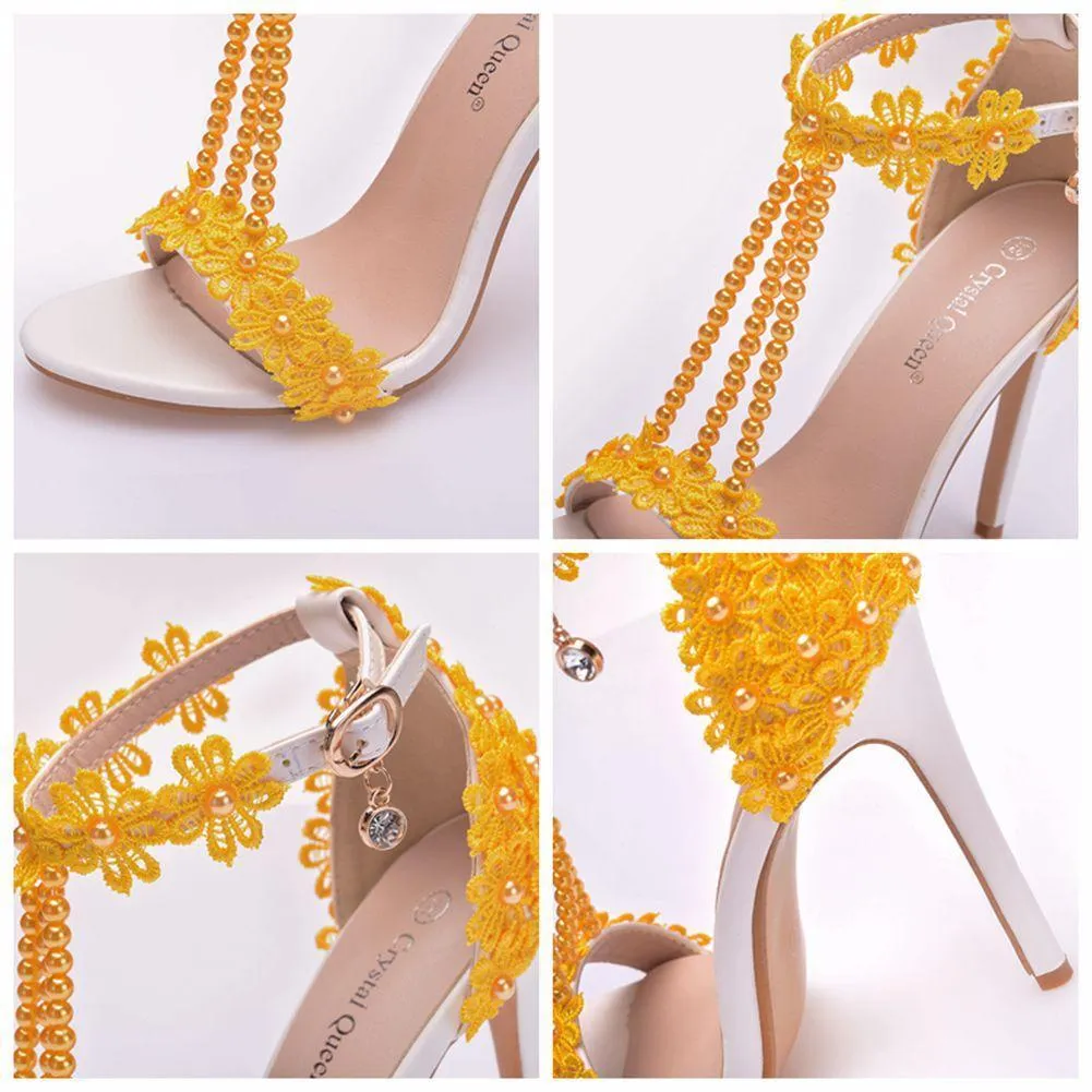 Peep toe one band ankle strap stiletto wedding heels with pearls strap