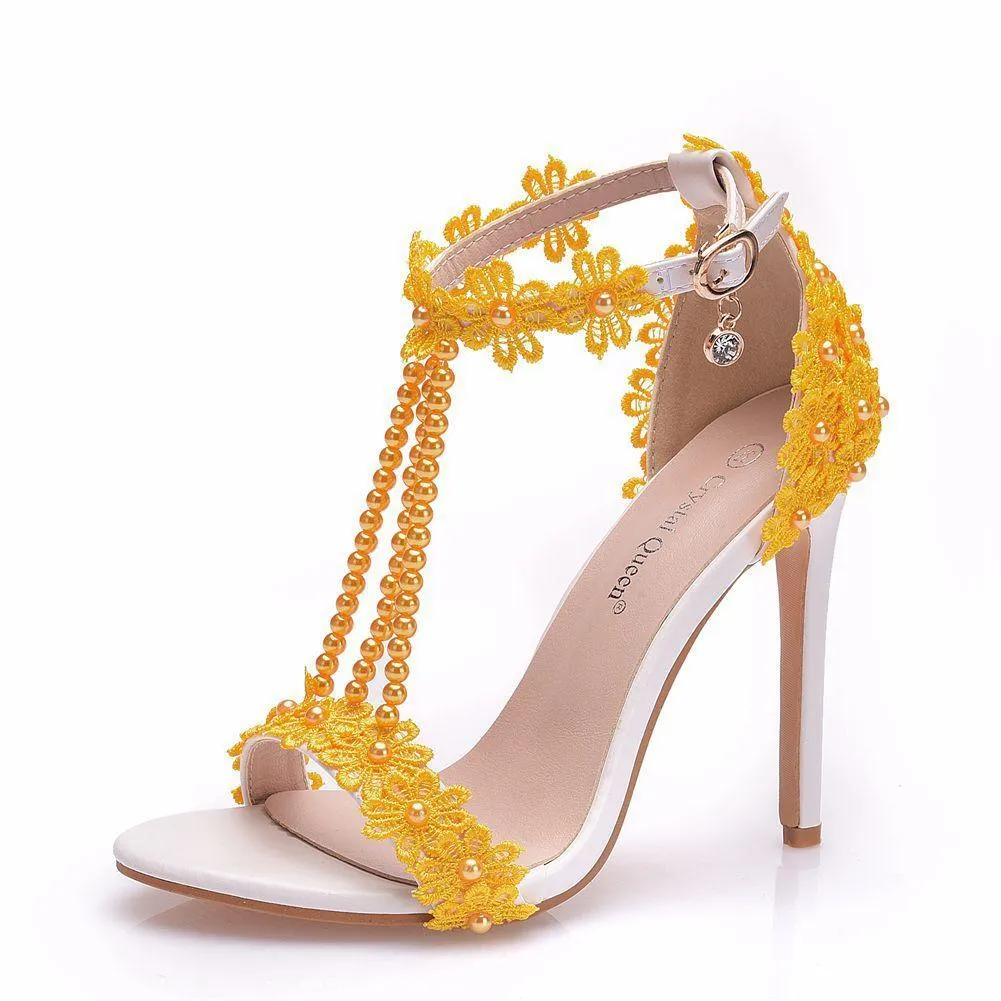 Peep toe one band ankle strap stiletto wedding heels with pearls strap