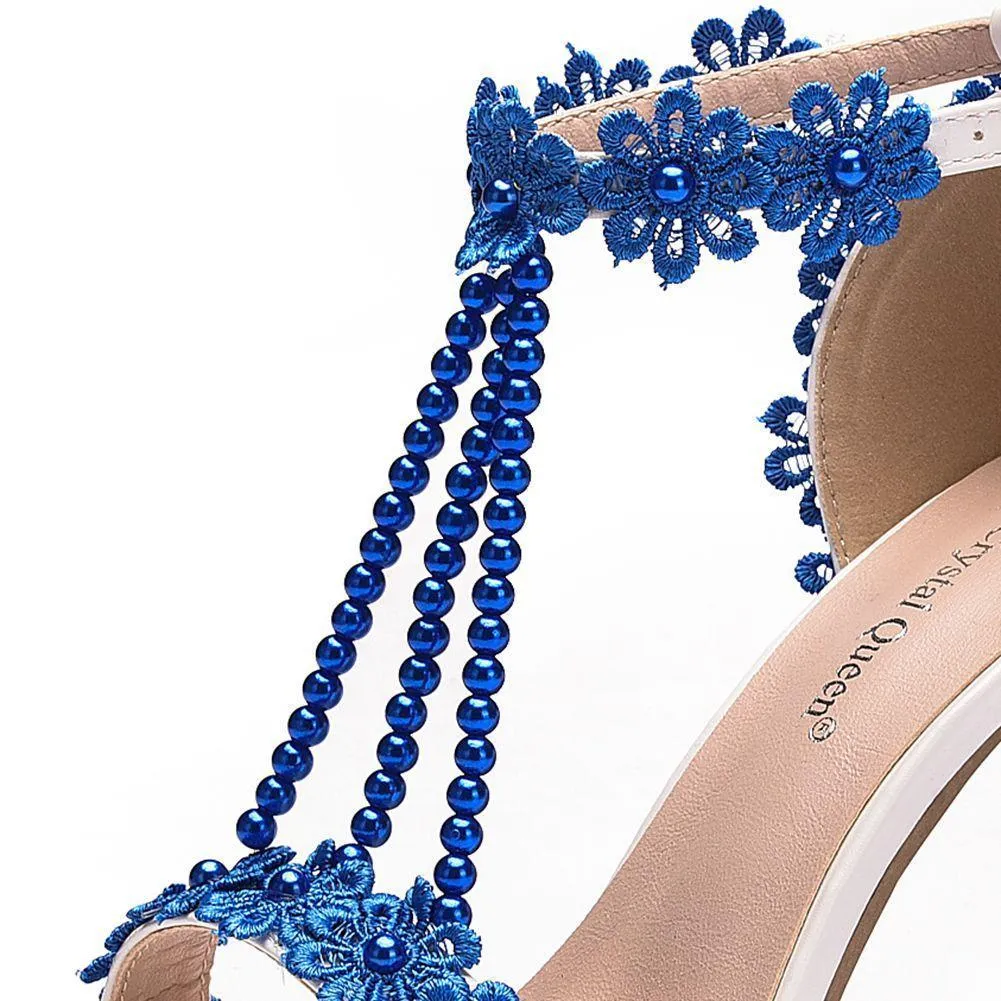 Peep toe one band ankle strap stiletto wedding heels with pearls strap