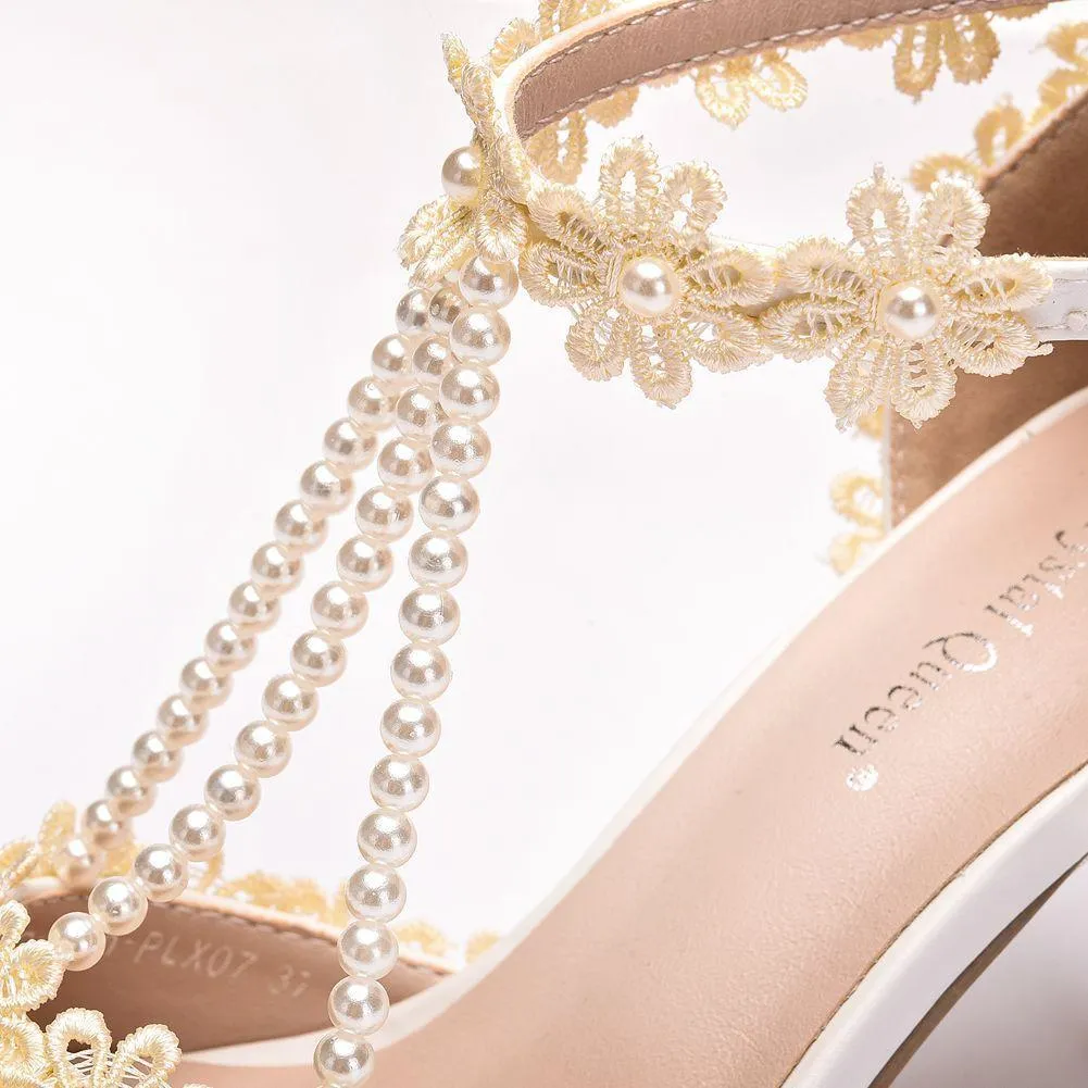 Peep toe one band ankle strap stiletto wedding heels with pearls strap