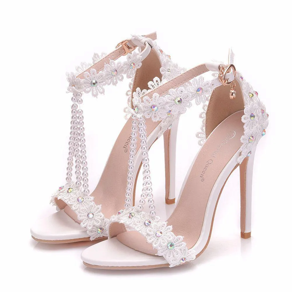 Peep toe one band ankle strap stiletto wedding heels with pearls strap