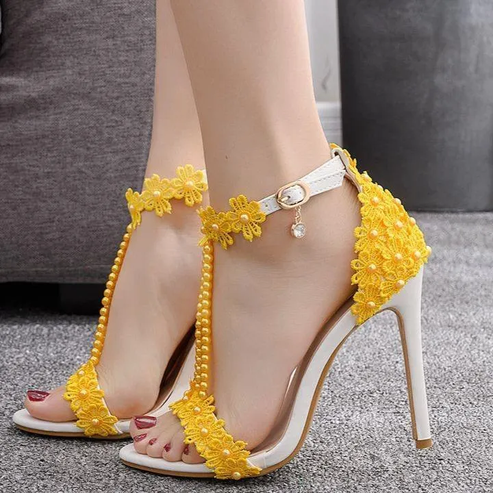 Peep toe one band ankle strap stiletto wedding heels with pearls strap