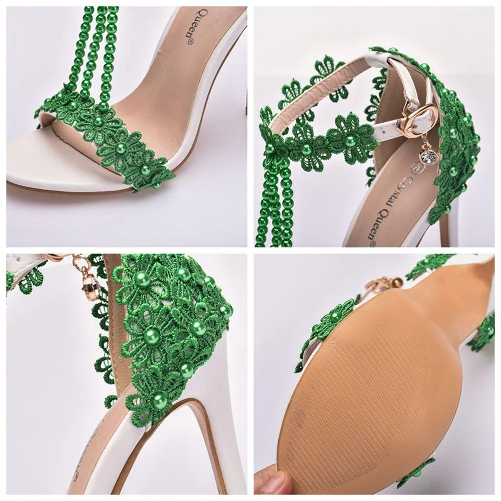 Peep toe one band ankle strap stiletto wedding heels with pearls strap