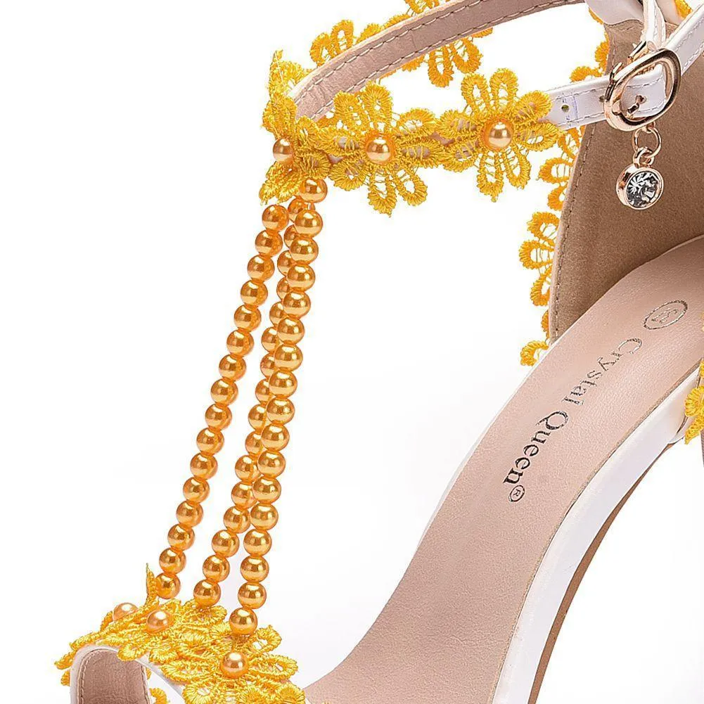 Peep toe one band ankle strap stiletto wedding heels with pearls strap