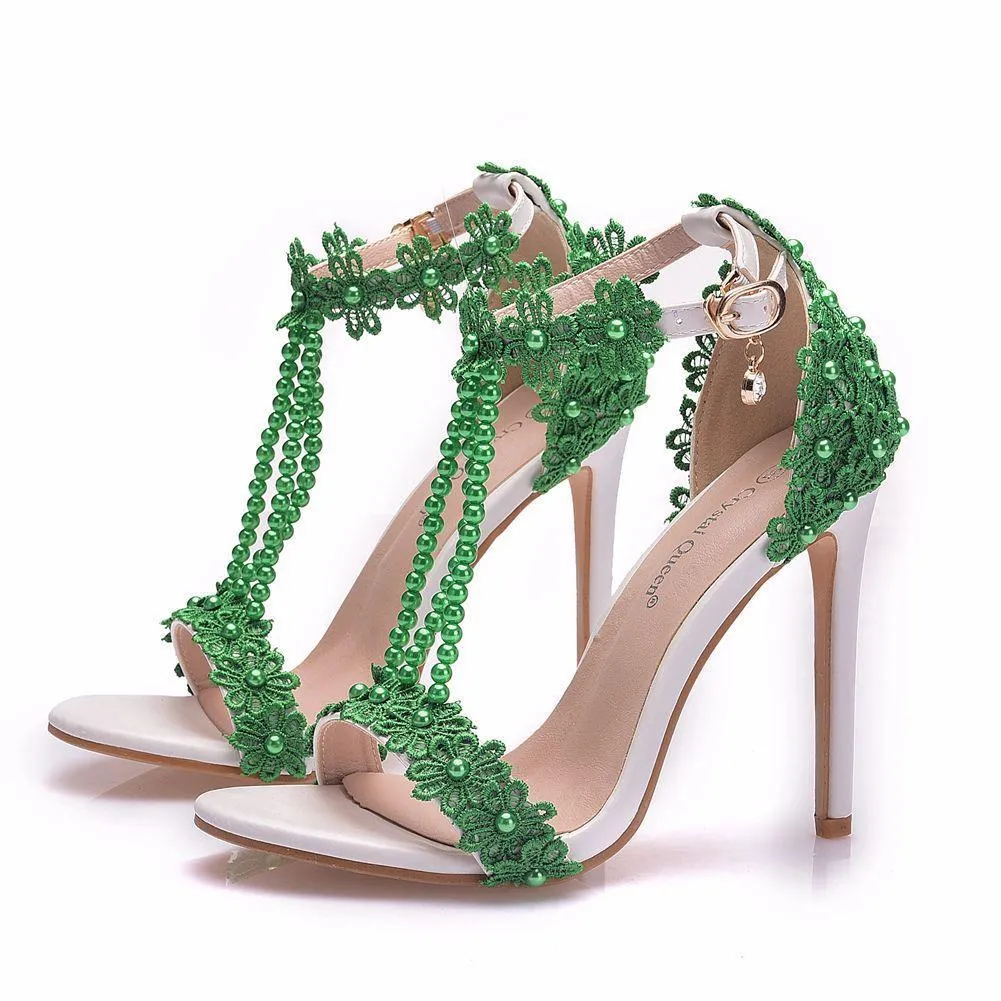 Peep toe one band ankle strap stiletto wedding heels with pearls strap