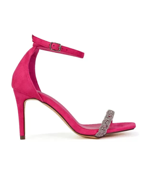 Peyton Diamante Strappy Party Square Toe Mid High Heel Stiletto Sandals in Fuchsia