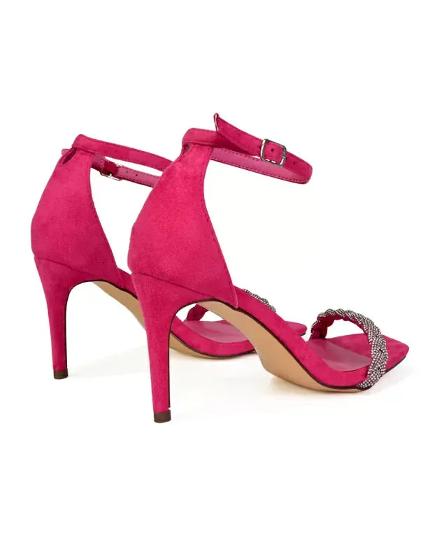 Peyton Diamante Strappy Party Square Toe Mid High Heel Stiletto Sandals in Fuchsia