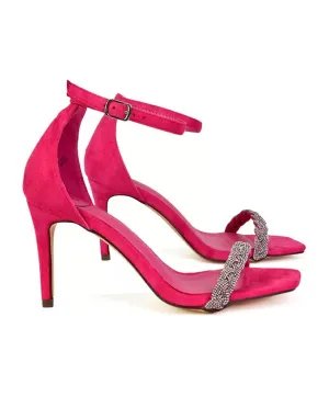 Peyton Diamante Strappy Party Square Toe Mid High Heel Stiletto Sandals in Fuchsia