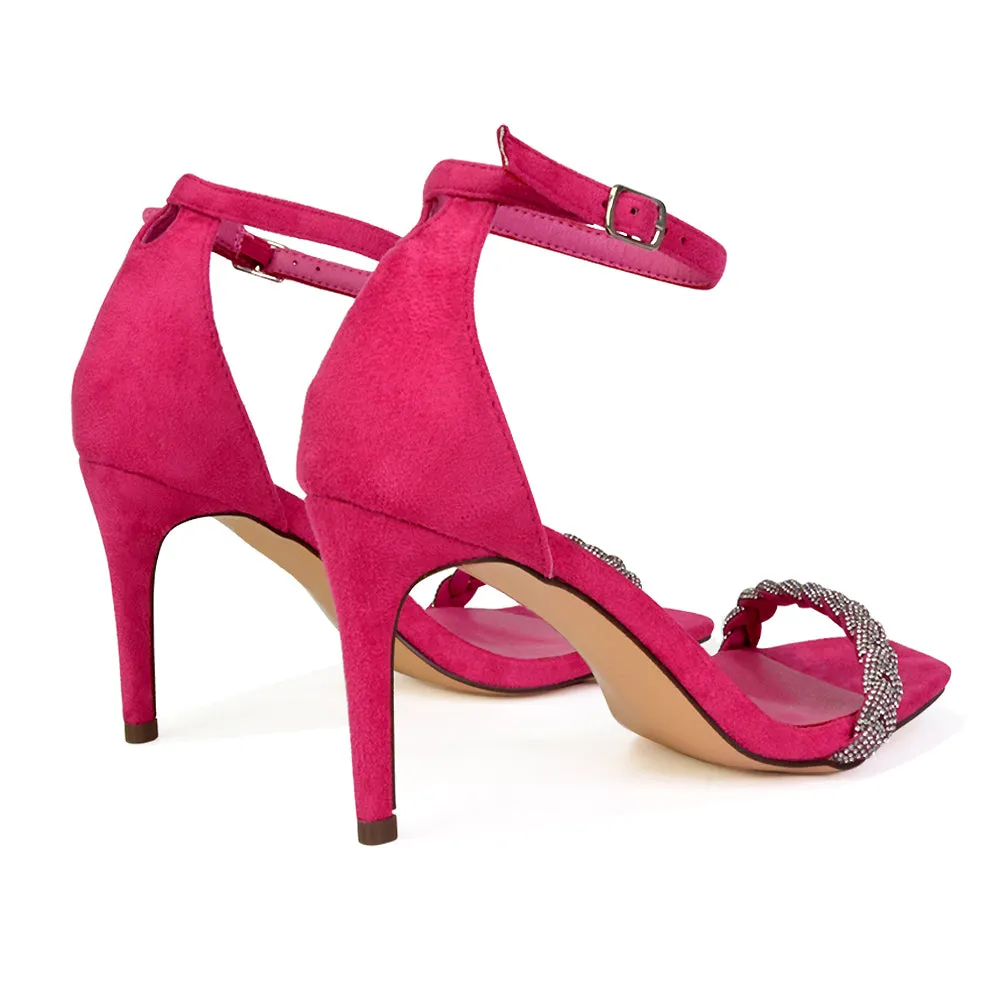 Peyton Diamante Strappy Party Square Toe Mid High Heel Stiletto Sandals in Fuchsia