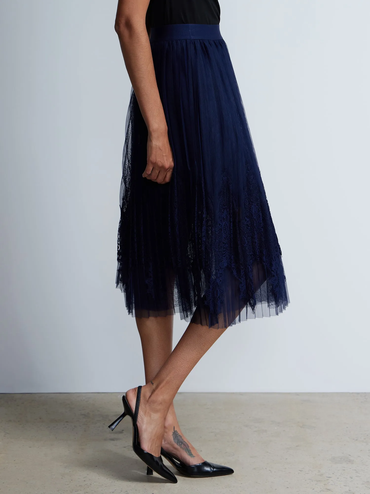 Pleated Lace Tulle Midi Skirt