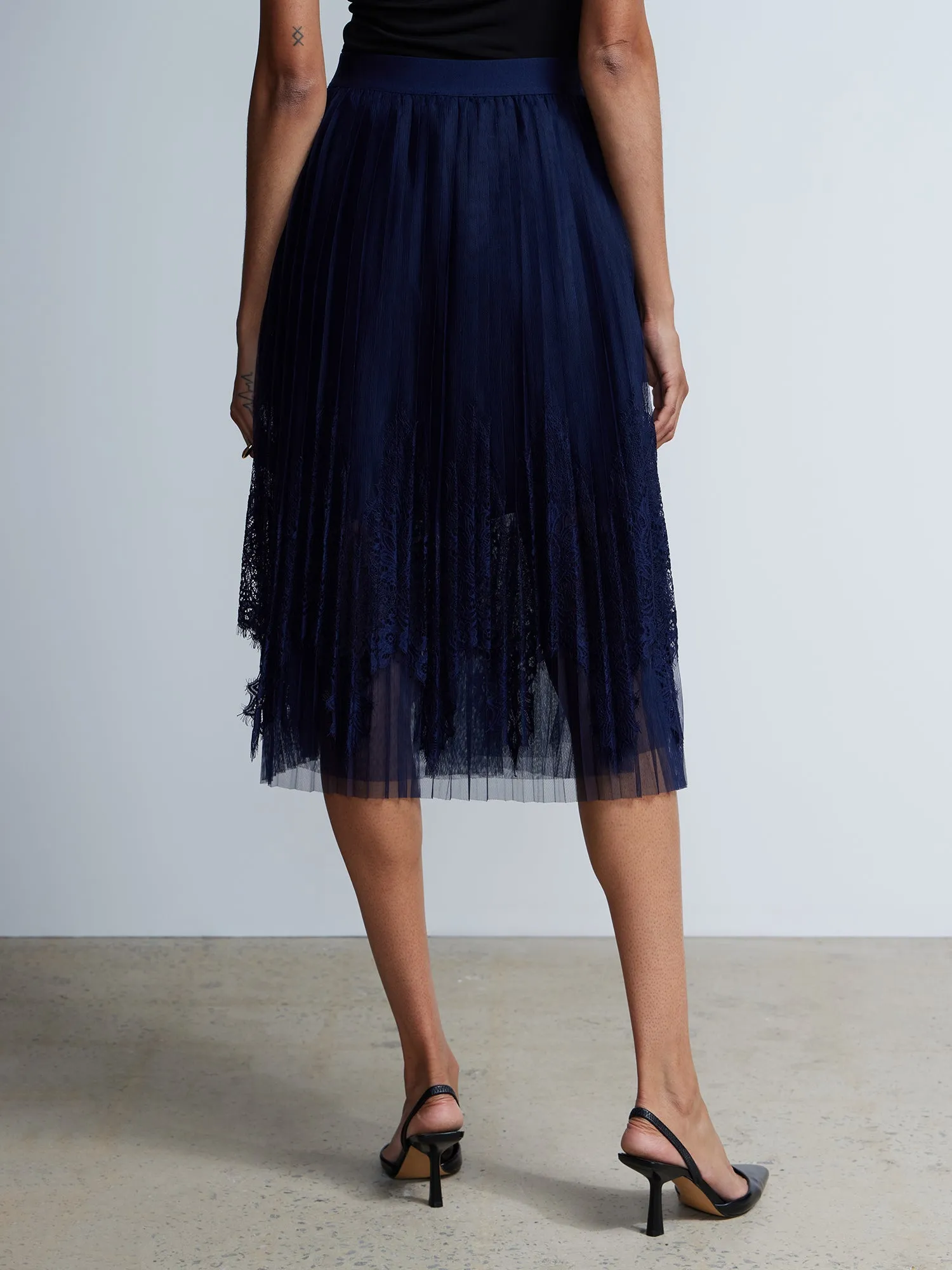 Pleated Lace Tulle Midi Skirt