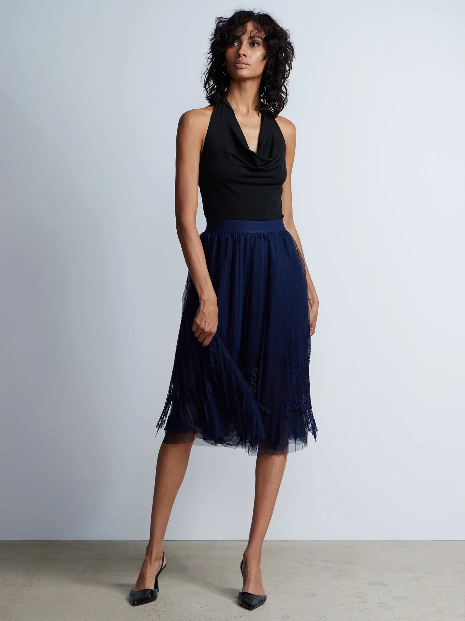 Pleated Lace Tulle Midi Skirt