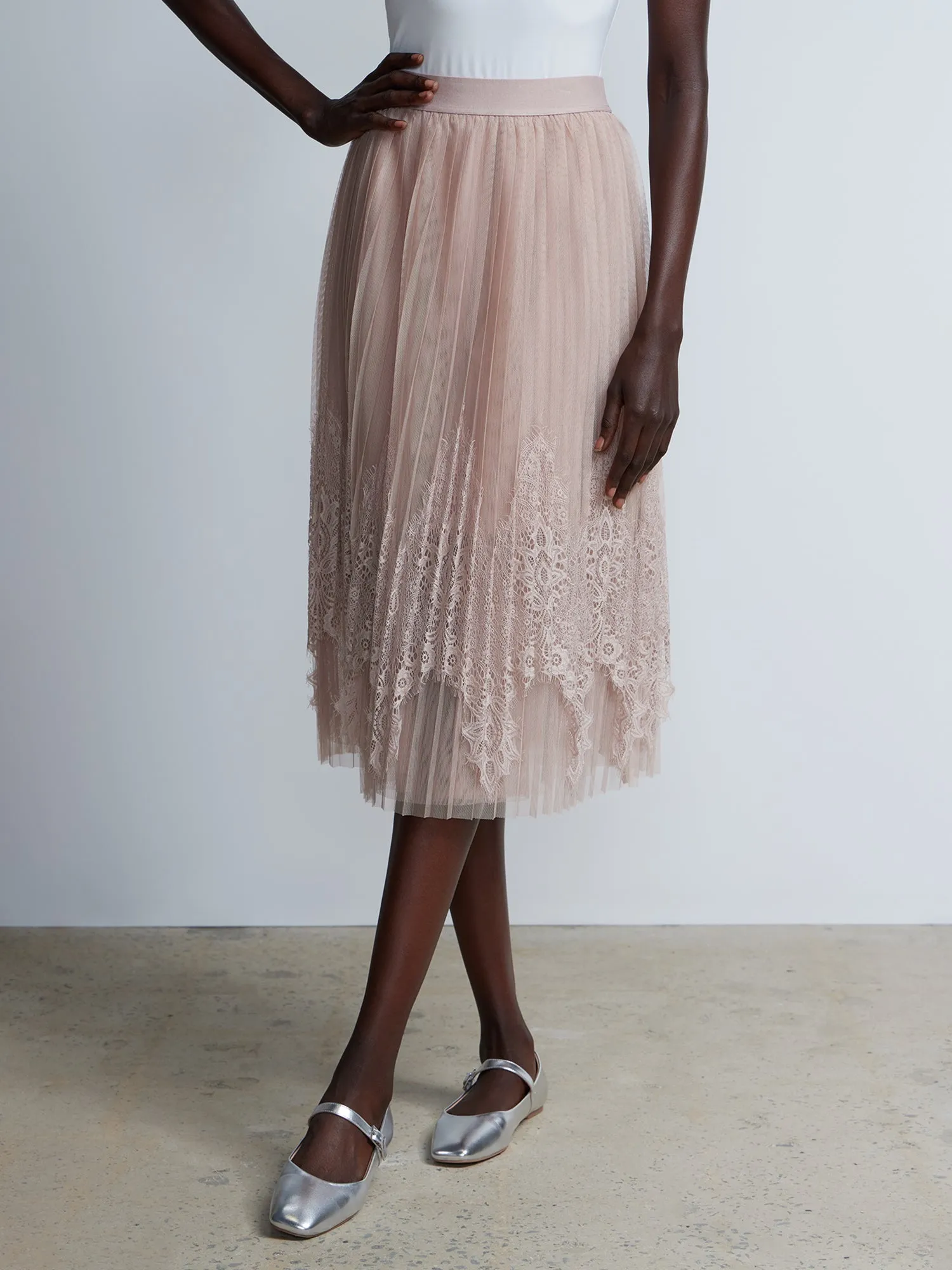 Pleated Lace Tulle Midi Skirt