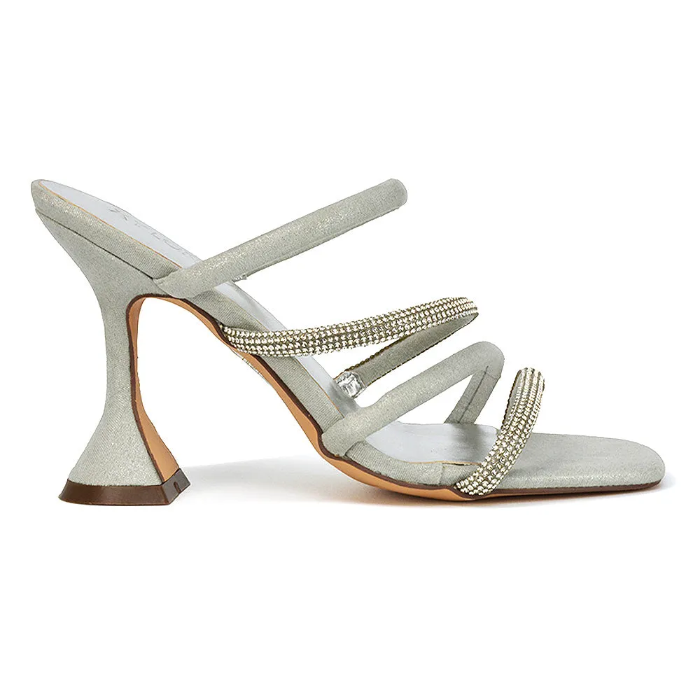 Posie Diamante Strappy Square Toe Sculptured High Heel Wedding Sandals in Silver